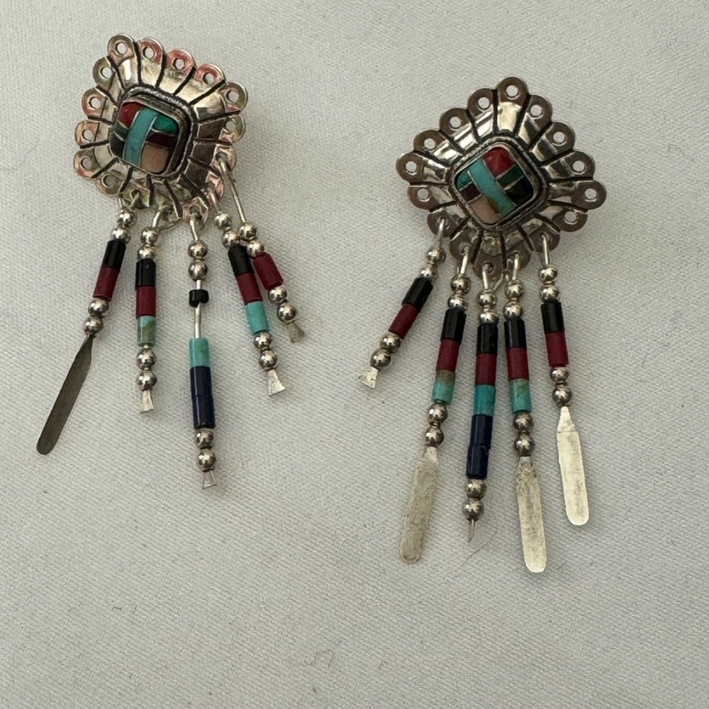 Vintage Sterling Zuni Earrings Coral Lapis and Turquoise signed Q.T.
